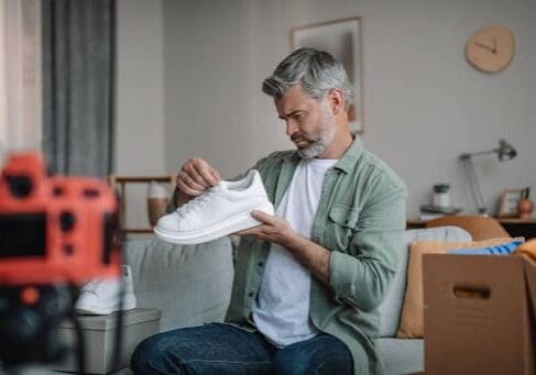 A man with gray hair examines an orthopedic sneaker.